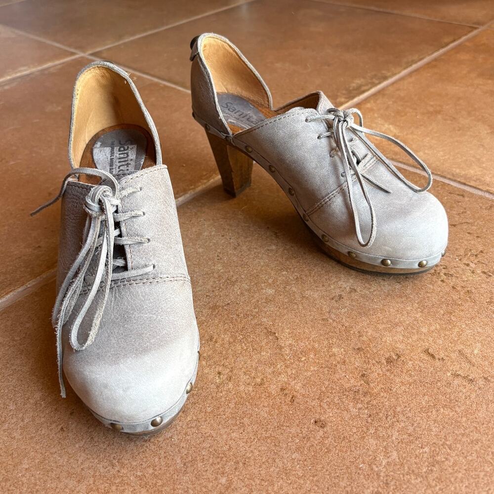 Sanita Leather Lace Up Heeled Clog with Brass Tacks and Wooden Soles size 7-7.5